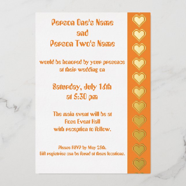 Aluminium Nos Coeurs 8 bits en Orange Foil Invitation (Recto)