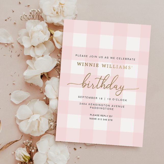 Aluminium Pink En vichy Anniversaire Gold Foil Invitation (Birthday Invitation )