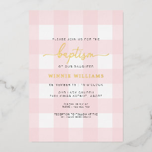 Aluminium Pink En vichy Baptême Gold Foil Invitation