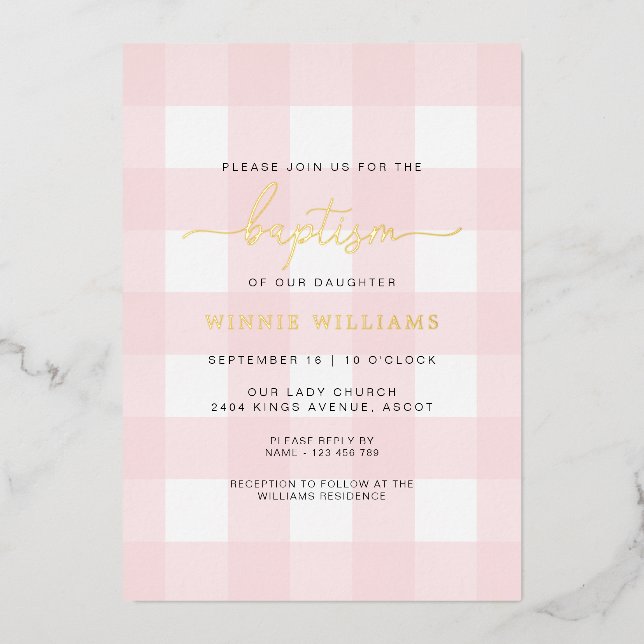 Aluminium Pink En vichy Baptême Gold Foil Invitation (Recto)