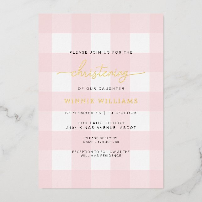 Aluminium Pink En vichy Christening Foil Invitation (Recto)