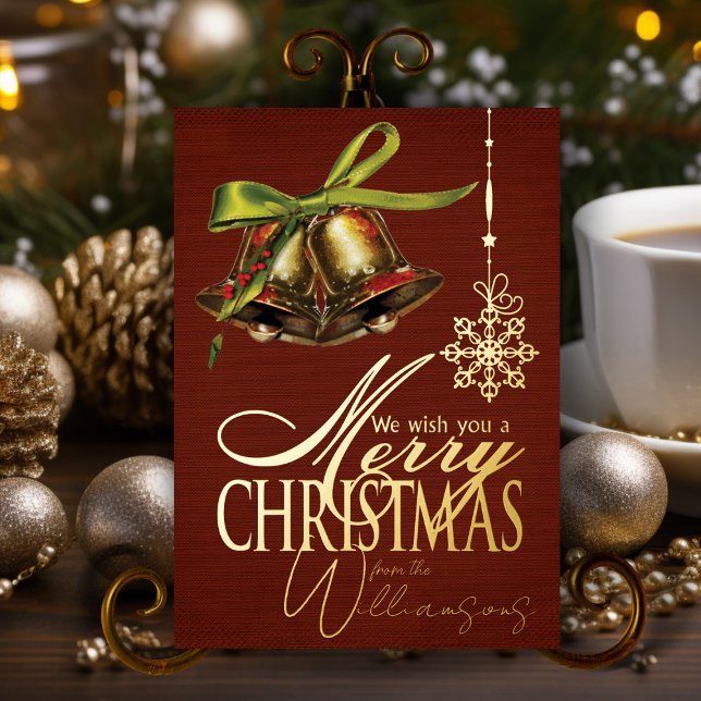 Aluminium Vœux de Joyeux Noël Carte de Noël Rétro en Or Feui (elegant red and gold merry Christmas Holiday card personalized with family name )