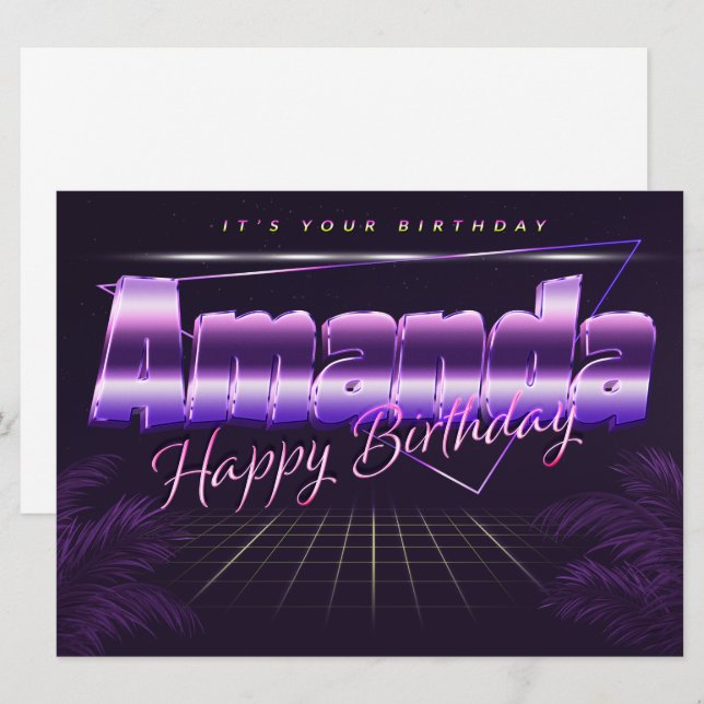 Amanda prénom carte rétro lilas anniversaire (Devant / Derrière)