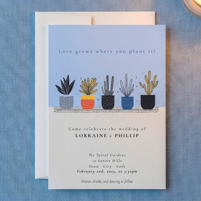 Amant plante de maison brillant faire-part de mari (Bright house plant lover wedding invitation.)