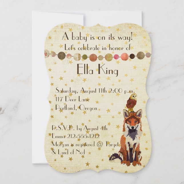 Amber Fox & Owl Stars Baby Invitation (Devant)