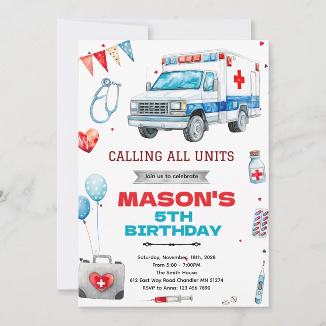 Ambulance party theme invitation (Devant)