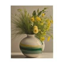 Aménagement fleuri avec vase blanc. Art sur bois p