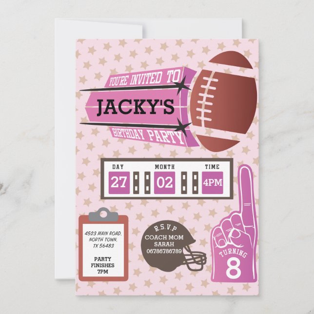 American Football Anniversaire Filles Invitation r (Devant)