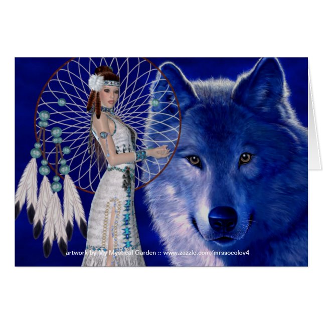 Amérindienne, femme et loup bleu (Devant horizontal)