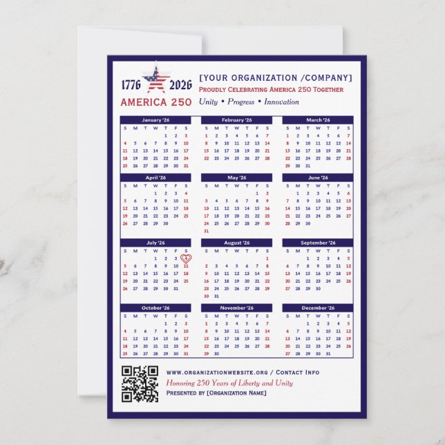 Amérique 250 Patriotic Blue 2026 Calendrier Keepsa (Devant)