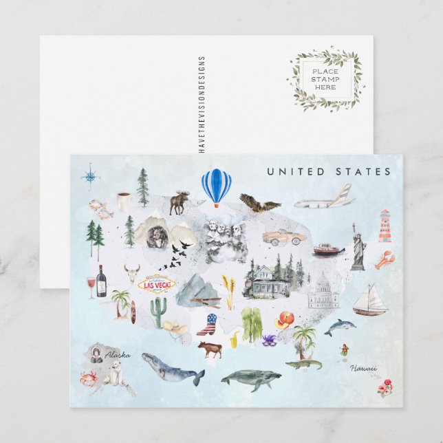Amérique | Carte de l'aquarelle illustrée USA (Devant / Derrière)