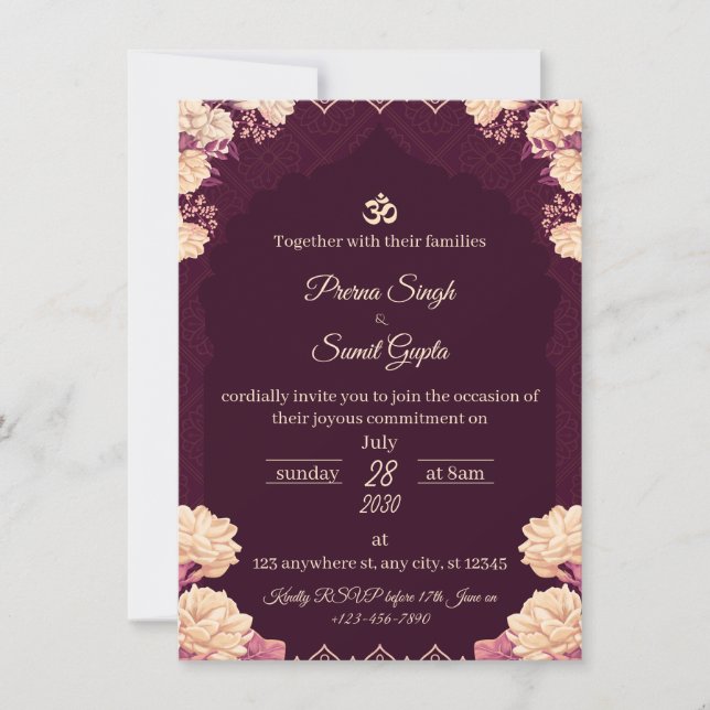 Améthyste Élégance : Invitation de mariage floral  (Devant)