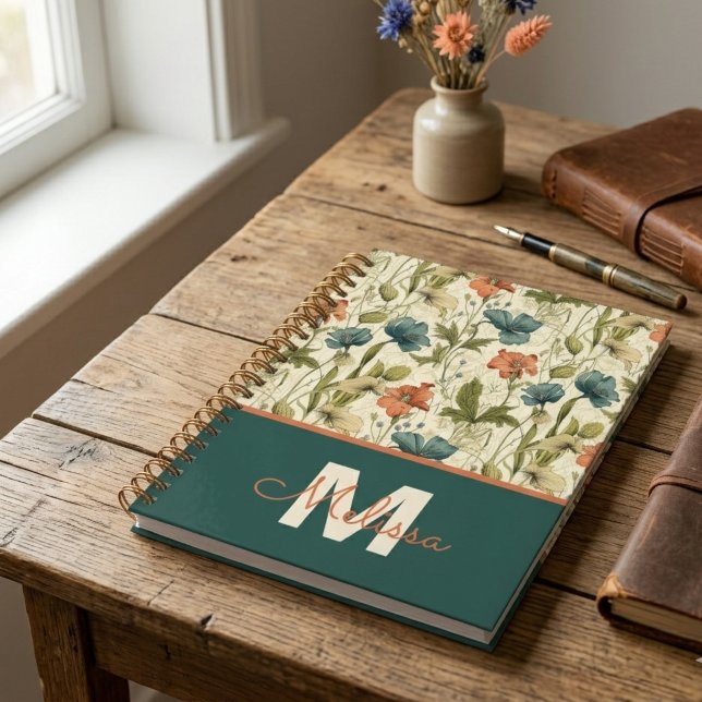 Ami vintage en terre cuite sarcelle fantaisiste (Vintage teal and orange wildflower pattern notebook — a perfect graduation gift for her or teacher.)
