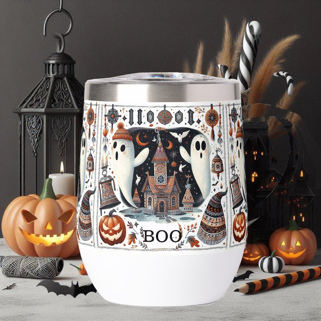 Amical Boo Halloween Ghost Script moderne Éffrayan (Friendly Boo Halloween Ghost Modern Script Spooky Thermal Wine Tumbler)