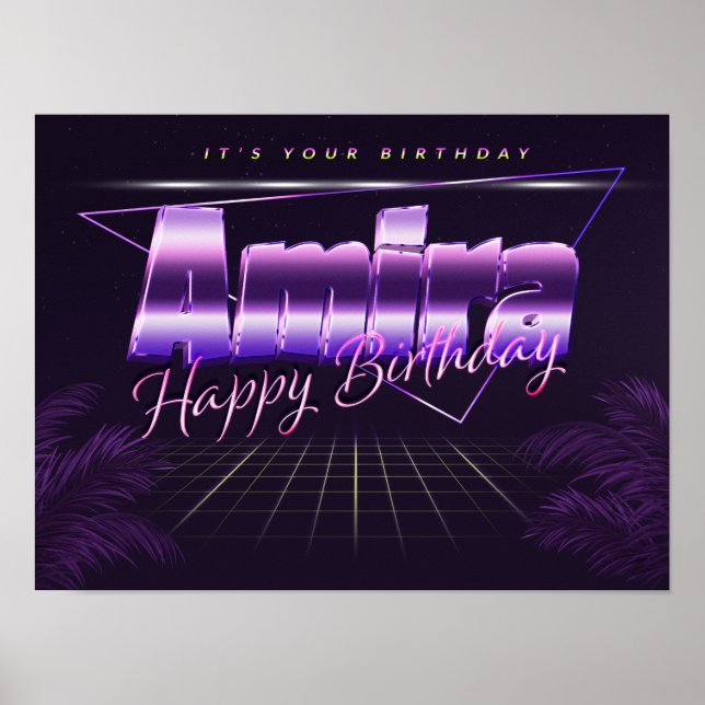 Amira Nom Prénom lila retro Affiche Anniversaire (Devant)
