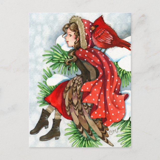 Amis d'hiver - Cardinal Bird Girl Cartes postales (Devant)