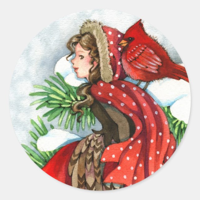 Amis d'hiver - Cardinal Bird Girl Stickers (Devant)