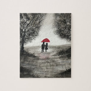 Amour couple avec puzzles parapluies rouges