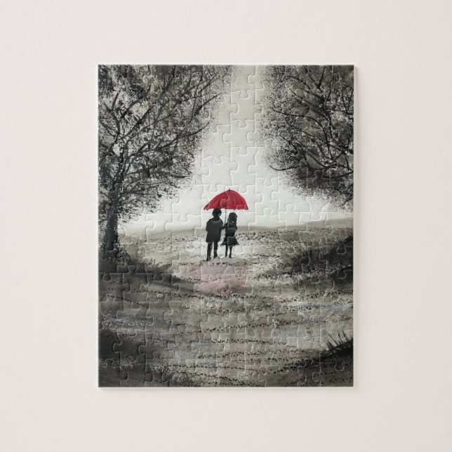 Amour couple avec puzzles parapluies rouges (Vertical)