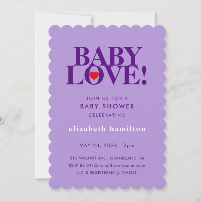 AMOUR DE BÉBÉ ! Invitation à la baby shower violet (Devant)