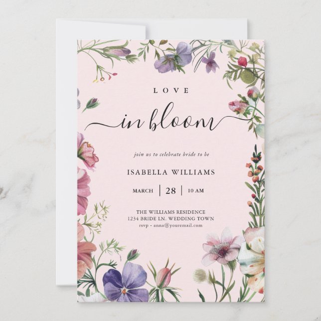 Amour en Fleur rose Floral Invitation douche nupti (Devant)