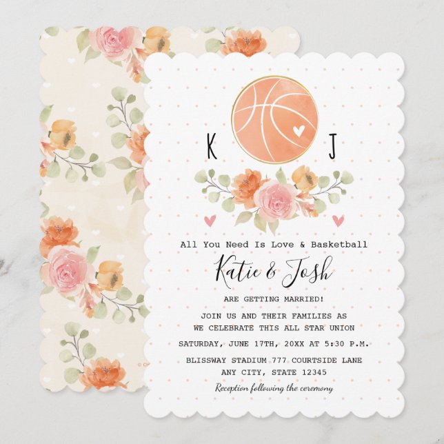 Amour et basket-ball Thème Mariage Invitations (Devant / Derrière)