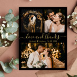 Amour et Merci Black Gold Mariage Merci<br><div class="desc">Elégant, moderne noir et or main lettré Mariage photo Collage Carte de remerciements. Élégant modèle mariage avec trois photos sur le devant et une photo sur le dos. Avec le texte "Amour et merci" dans une tourbillonnant police de script de typographie lettrée en couleur or sur arrière - plan noir....</div>