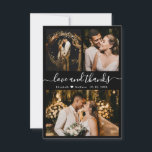 Amour et Merci Black White Mariage Carte de remerc<br><div class="desc">Elégant, minimaliste noir et blanc Mariage Lettered Photo Collage Carte de remerciements. Élégant modèle mariage avec trois photos sur le devant et une photo sur le dos. Avec le texte "Amour et merci" dans une tourbillonnant police de script de typographie en blanc sur arrière - plan noir. Personnalisez le nom...</div>
