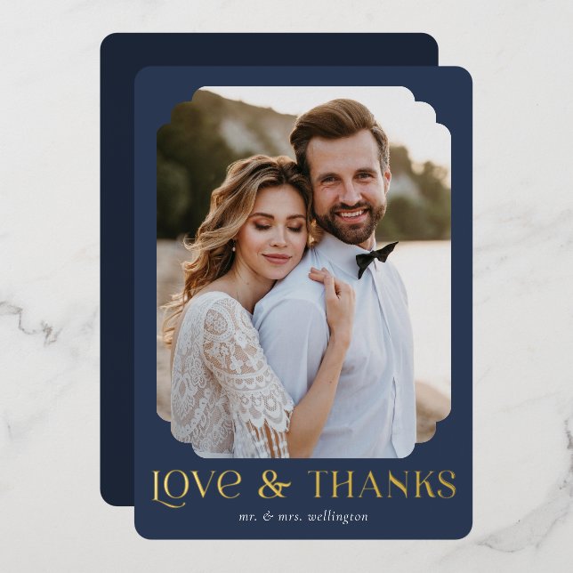 Amour et Merci Blue Gold Mariage Carte de remercie (Recto/Verso)