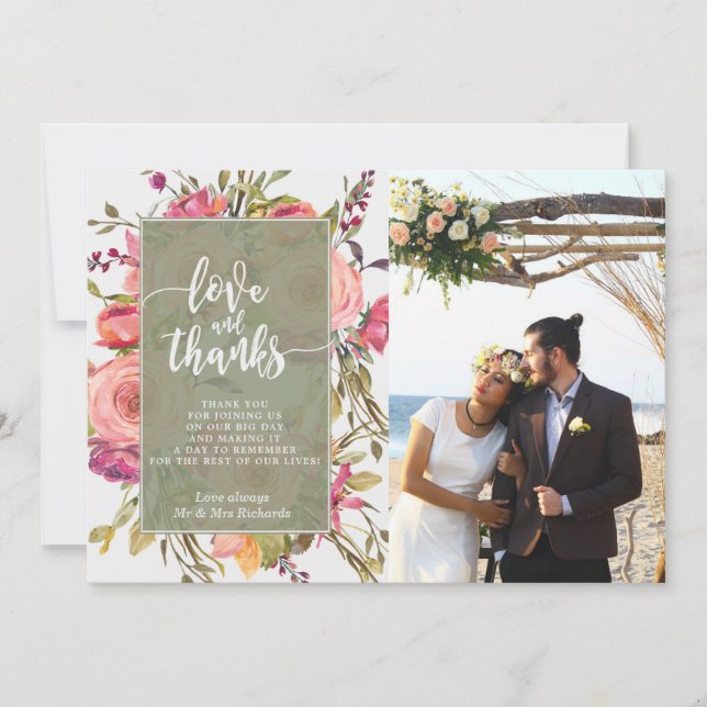 amour et merci carte photo boho floral rose (Devant)