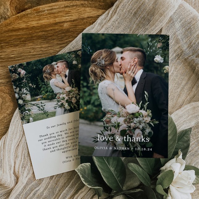 Amour et Merci | Élégant Mariage photo deux (A simple and elegant wedding thank you card with room for two of your photos and a short note)