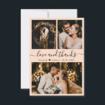 Amour et Merci Mariage Photo Collage Merci<br><div class="desc">Elégant, Minimaliste Poche Couleur Main Lettré Mariage Photo Collage Carte de remerciements. Modèle mariage élégant avec (3) trois photos sur le devant et une photo sur le dos. Avec le texte "Amour et merci" dans une tourbillonnant police de script de typographie lettrée en noir sur pastel clair arrière - plan...</div>