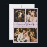 Amour et Merci Mariage Photo Collage Merci<br><div class="desc">Elégant, minimaliste Mariage Lettré main 3 Photo Collage Carte de remerciements. Élégant modèle mariage avec trois photos sur le devant et une photo sur le dos. Avec le texte "Amour et merci" dans une tourbillonnant police de script de typographie lettrée en noir sur le lilas pastel clair ou l'arrière -...</div>