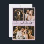 Amour et Merci Mariage Photo Collage Merci<br><div class="desc">Elégant, minimaliste Mariage Lettré main 3 Photo Collage Carte de remerciements. Élégant modèle mariage avec trois photos sur le devant et une photo sur le dos. Avec le texte "Amour et merci" dans une tourbillonnant police de script de typographie lettrée en noir sur le lilas pastel clair ou l'arrière -...</div>