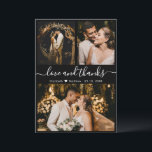 Amour et Merci Merci Mariage noir et blanc<br><div class="desc">Elégant, moderne noir et blanc Mariage Lettré 3 Photo Collage Carte de remerciements. Modèle mariage élégant avec (3) trois photos sur le devant et (1) une photo sur le dos. Avec le texte "Amour et merci" script dans un tourbillonnant cursif lettré typographie swash-tail police en couleur blanche sur l'arrière -...</div>