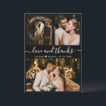 Amour et Merci Merci Mariage noir et blanc<br><div class="desc">Elégant, moderne noir et blanc Mariage Lettré 3 Photo Collage Carte de remerciements. Modèle mariage élégant avec (3) trois photos sur le devant et (1) une photo sur le dos. Avec le texte "Amour et merci" script dans un tourbillonnant cursif lettré typographie swash-tail police en couleur blanche sur l'arrière -...</div>