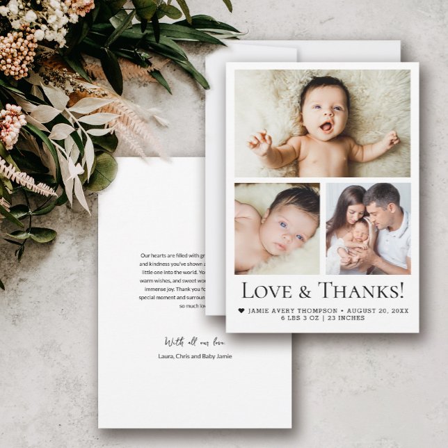 Amour et Merci Modern trois photos bébé (Love and thanks, modern 3 photo birth announcement baby shower thank you cards.)