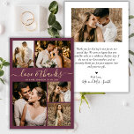 Amour et Merci Script Bordo Photo Collage Mariage<br><div class="desc">Élégant Script Bourgogne et Gold Mariage Photo Collage Merci Cartes. Un modèle mariage moderne et minimaliste avec cinq (5) photos à l'avant et une (1) photo à l'arrière. Avec le texte "Amour et merci" dans une belle main lettrage de typographie police en or sur vin rouge ou bordeaux arrière -...</div>
