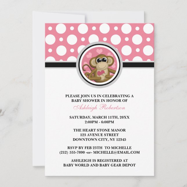 Amour Monkey Pink Polka Dot Baby Shower Invitation (Devant)