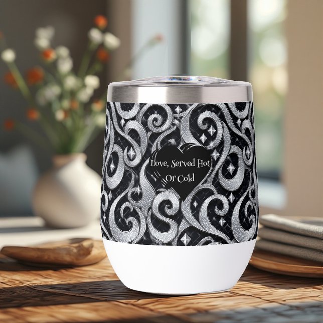 Amour Servi Chaud ou Froid Luxe Funky en Argent (Love Served Hot or Cold Silver Bling Luxury Funky Thermal Wine Tumbler)