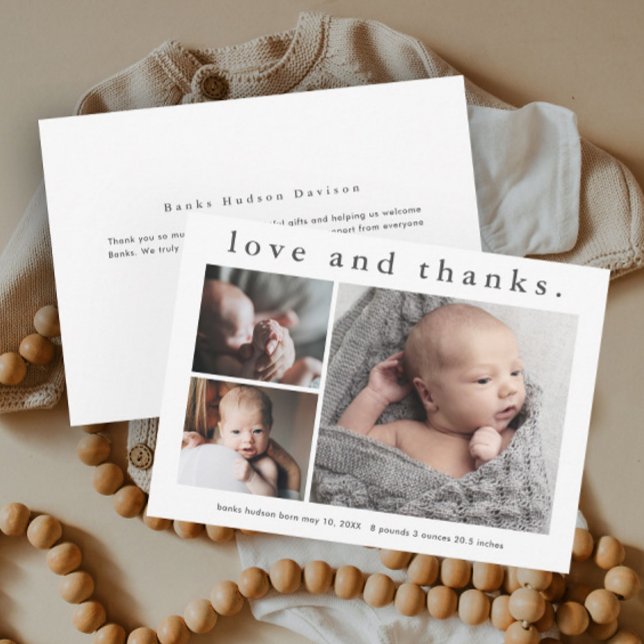 Amour simple et Merci Faire-part bébé (Simple type love and thanks baby photo announcement thank you cards.)