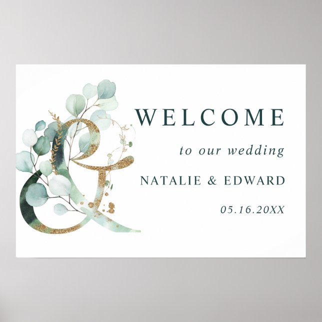 Ampersand Gold Greenery Mariage Affiche de bienven (Devant)