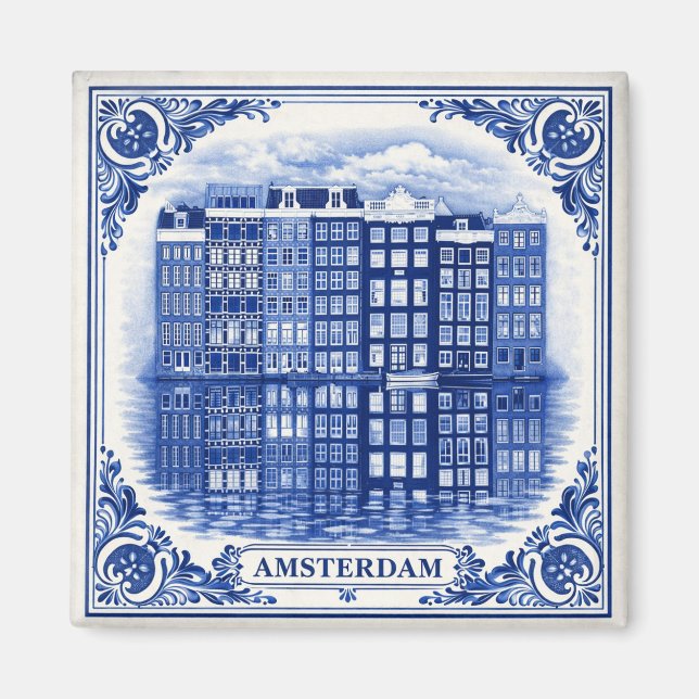 Amsterdam canal houses Delft Blue style magnet (Devant)