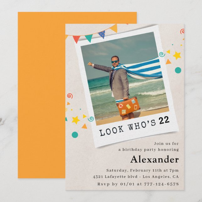 Amusant 22e anniversaire invitations Hommes Fun Ph (Devant / Derrière)