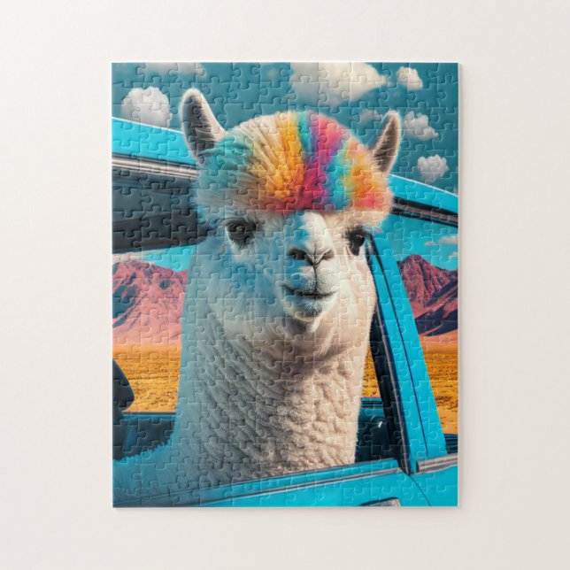 Amusant Alpaca dans un puzzle d'art automobile (Vertical)