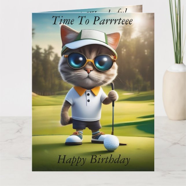 Amusant Animé Chat Golf Player, Carte Anniversaire (Devant)
