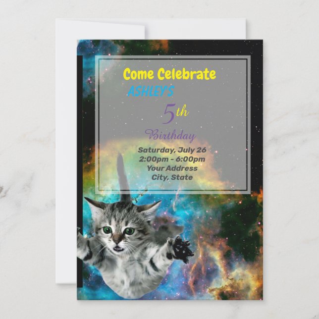 Amusant chat dans l'espace Invitation d'anniversai (Devant)
