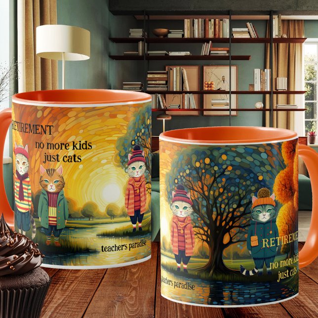 Amusant Chat Enseignant Retraite Mug (Mug featuring a colorful painting with funny cats. Great for a teacher retirement )