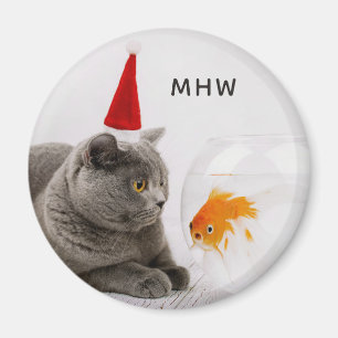 Amusant chat et poisson personnalisé aimant monogr