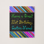 Amusant, coloré, Whimsical 21st Birthday Puzzle<br><div class="desc">Ce puzzle amusant, coloré et fantaisiste à thème d'anniversaire présente un voeu d'anniversaire chaleureux comme "Ayez un grand 21e anniversaire, Custom-Name!". Le nom peut être customisé. Le haut et le bas sont dotés d'un motif rayé multicolore. Un casse-tête comme celui-ci pourrait être une façon amusante d'offrir des voeux d'anniversaire à...</div>